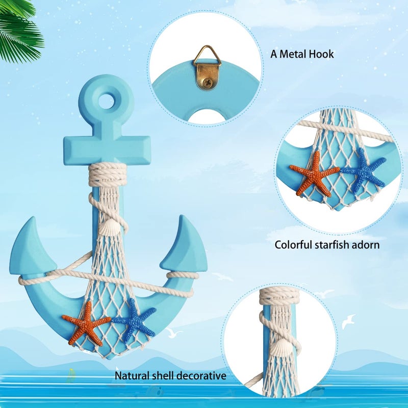 Meching 2 Pack 11" Nautical Wooden Ship Wheel and 13" Wood Anchor with Rope Nautical Boat Steering Wheel Rudder Anchor Wall Decor Door Hanging Ornament Beach Theme Home Wall Decoration(Light Blue) - Image 5